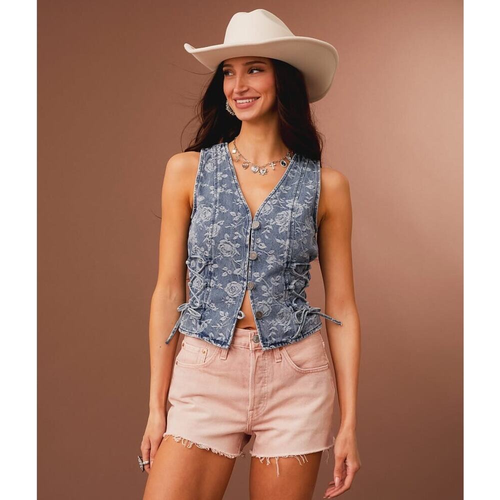 STERLING & STITCH Medium Wash Denim Floral Embroidered Lace Up Vest size XL